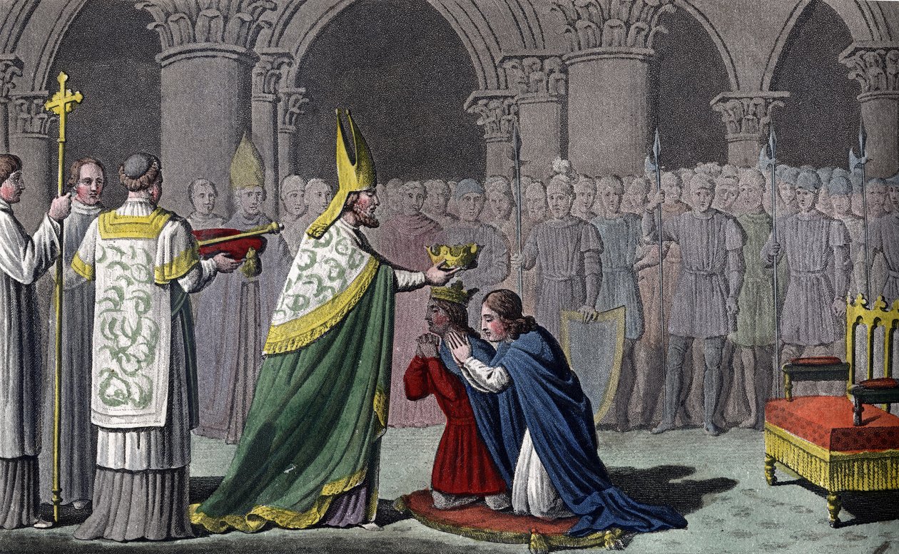 Ludwig III. (863-82) und Karlmann (865-84) gemeinsam gekrönt - Ludwig III. (v.863 - 882) und Karlmann (? - 884) werden am selben Tag (879) in der Abtei von Ferrières in Gâtinais gesalbt und gekrönt - Entworfen und graviert von Ambroise Tardieu im Jahr 1825 von Ambroise Tardieu