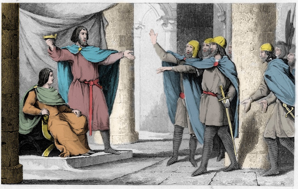 Ludwig V. der Faule zeigt seinen Anhängern 986 seine Krone - Ludwig V. der Faule (ca. 967-987), zum König von Frankreich ausgerufen durch den Schutz von Hugues Capet, der 986 König von Frankreich wurde - Gravur von 1825 in „Histoire de France“ dargestellt  von Ambroise Tardieu