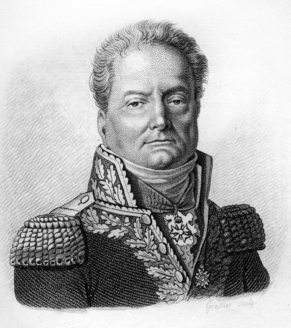 Porträt von Pierre Margaron (1765-1824), französischer General während der Revolution und der Kaiserreiche. - in „Porträts der französischen Generäle in Folge der Siege und Eroberungen der Franzosen“. Gravur von Ambroise Tardieu im Jahr 1818. Stella-Sammlu von Ambroise Tardieu