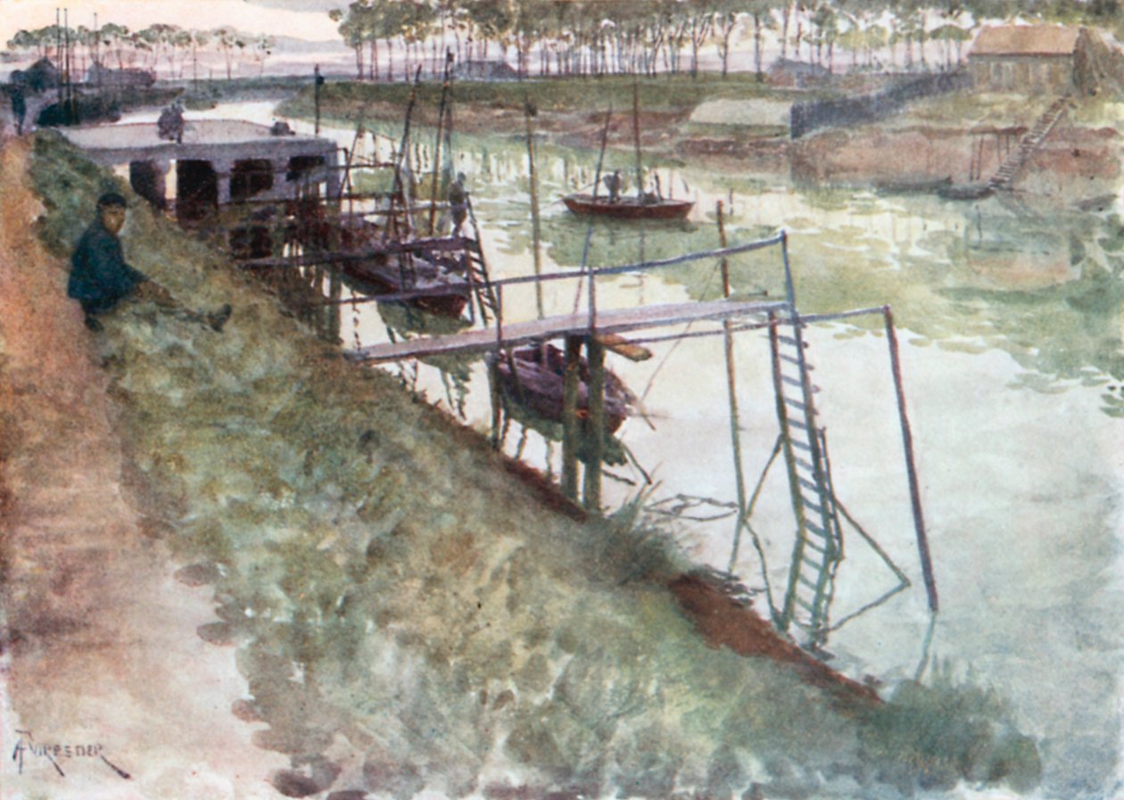 Der Kai mit Aalbooten und Landungsstegen, Nieuport von Amedee (after) Forestier