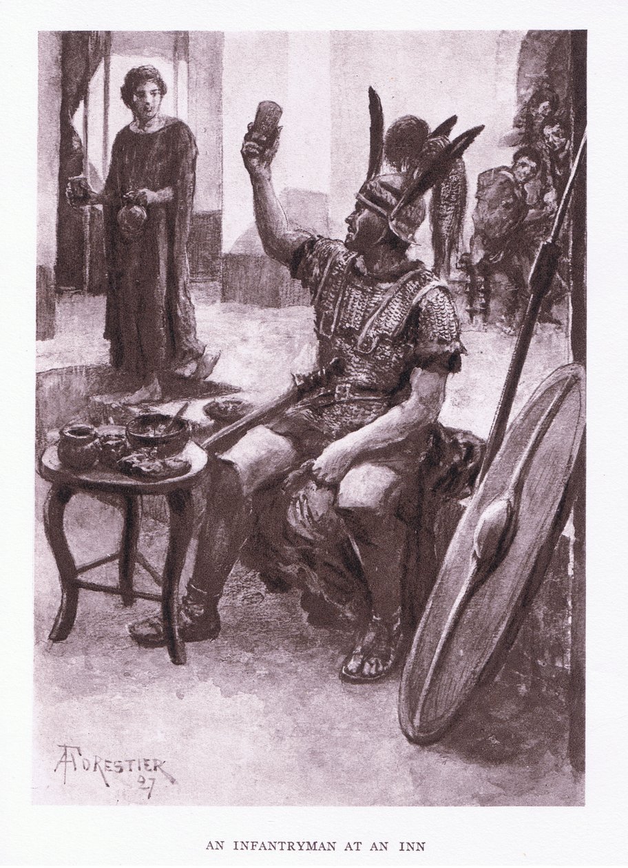 Ein Infanterist in einem Gasthaus, Illustration aus Der römische Soldat, 1928 von Amedee Forestier