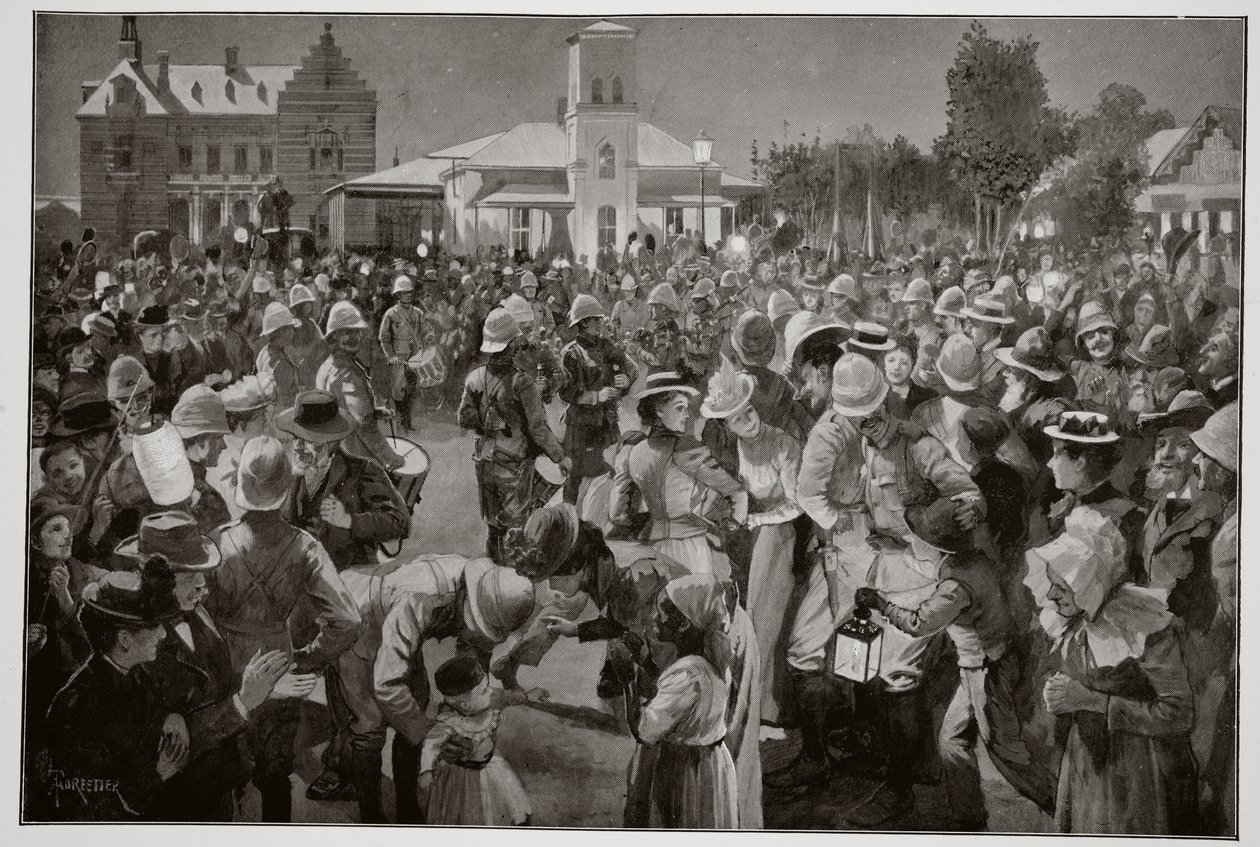 Die britische Besetzung von Bloemfontein - Ein Abendkonzert auf dem Marktplatz von den Dudelsäcken der Highland Brigade von Amedee Forestier