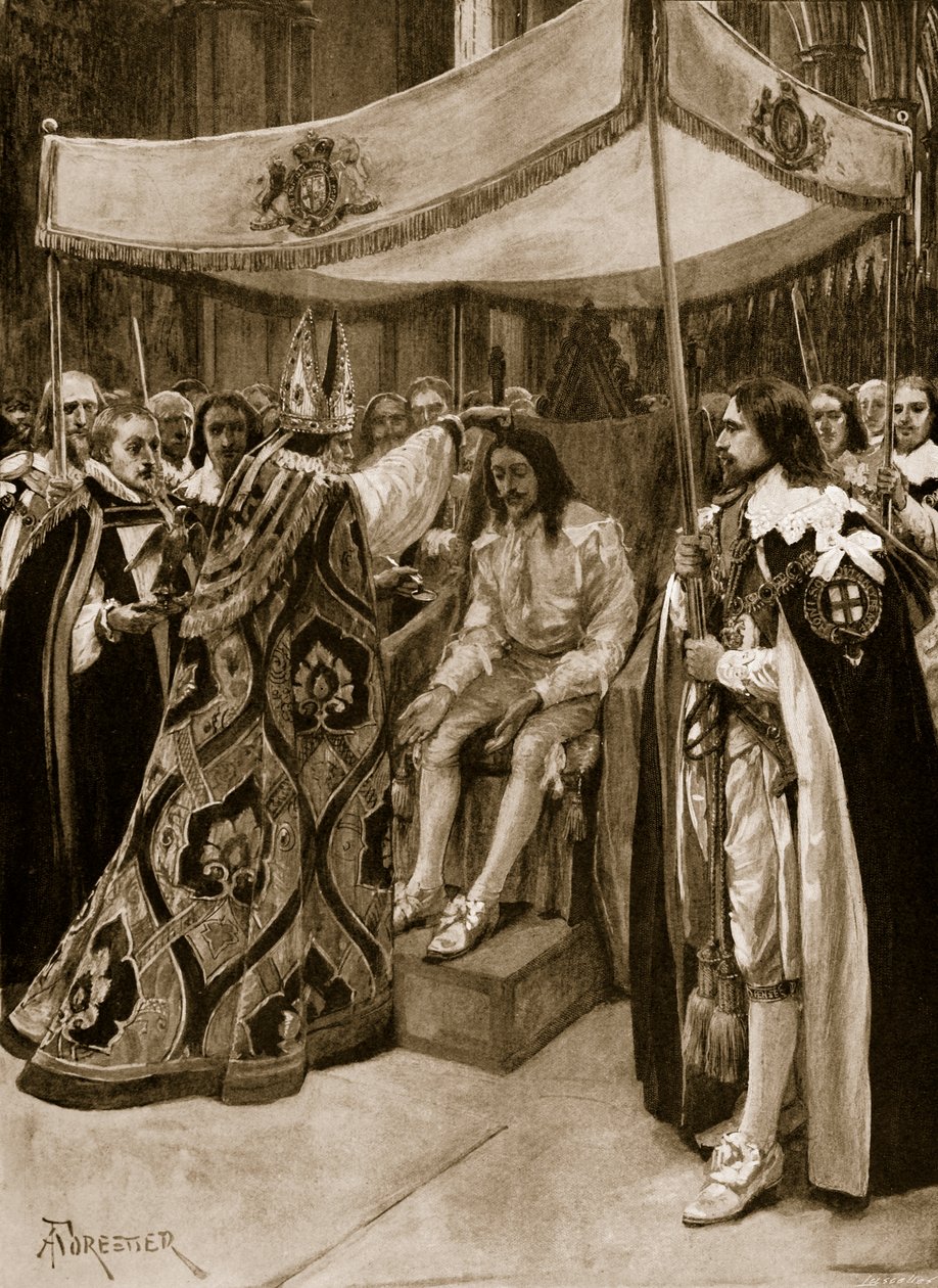 Die Salbung von Karl I. durch George Abbot, Erzbischof von Canterbury, in der Westminster Abbey, am Lichtmesstag, 1626, aus 