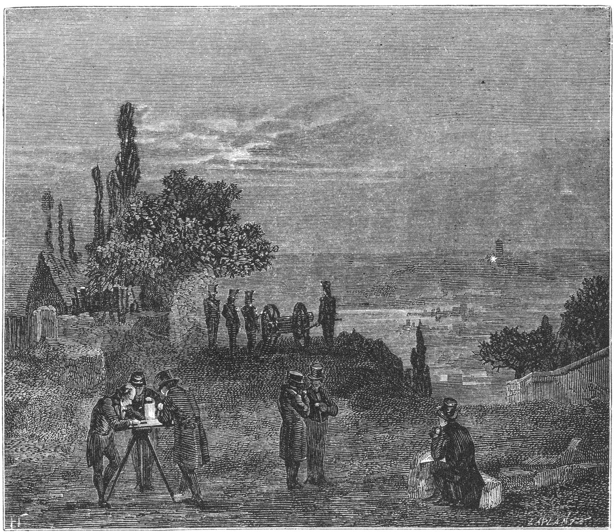 Experiment zur Berechnung der Schallgeschwindigkeit in Luft, Paris, 1822 von Amedee Guillemin