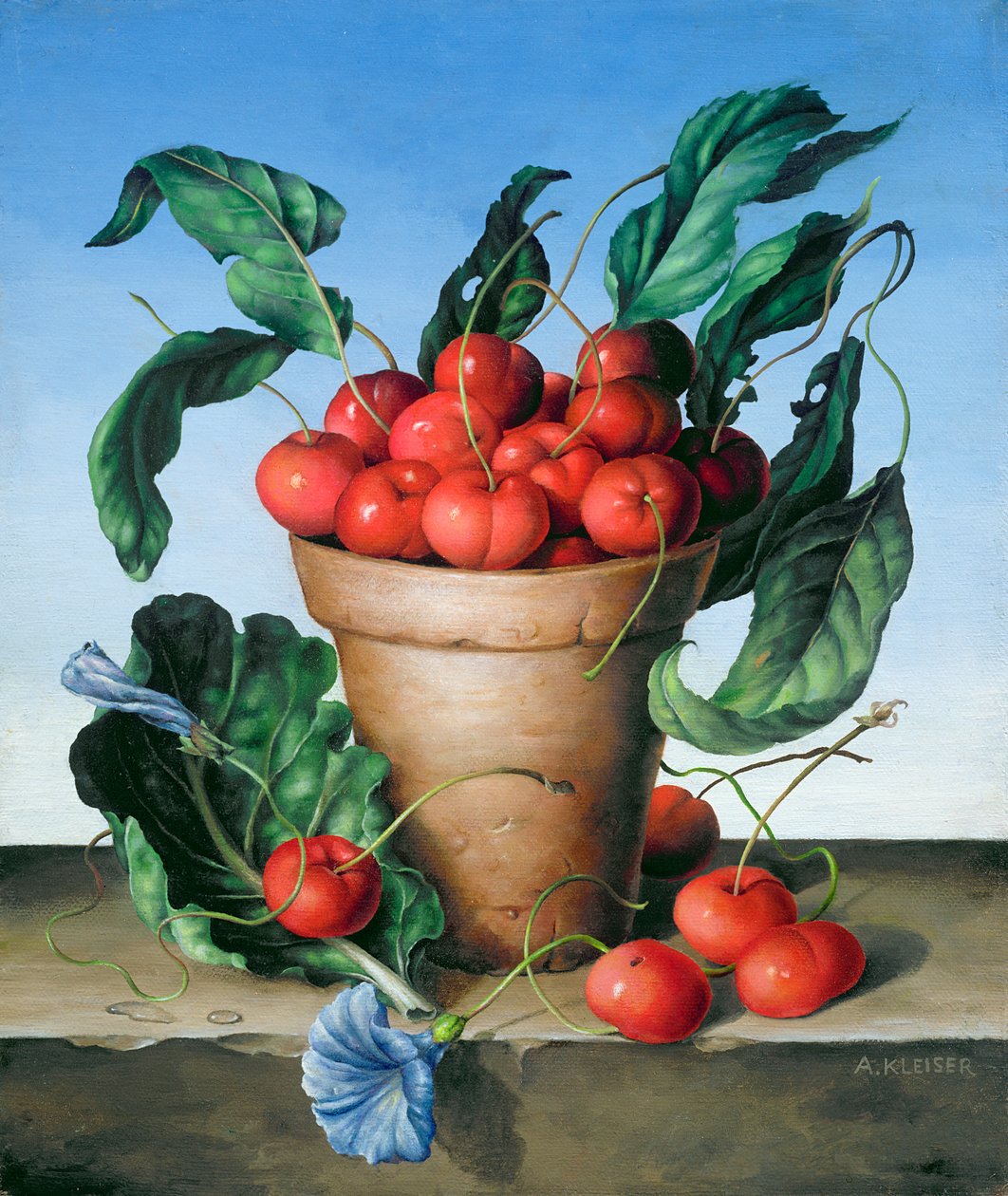 Kirschen in Terrakotta mit blauer Blume von Amelia Kleiser