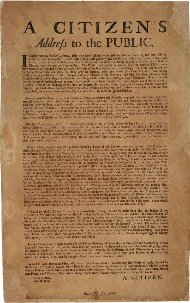 Ansprache eines Bürgers an die Öffentlichkeit bzgl. Unterstützung der königlichen Truppen, 18. Dezember 1769 von American School