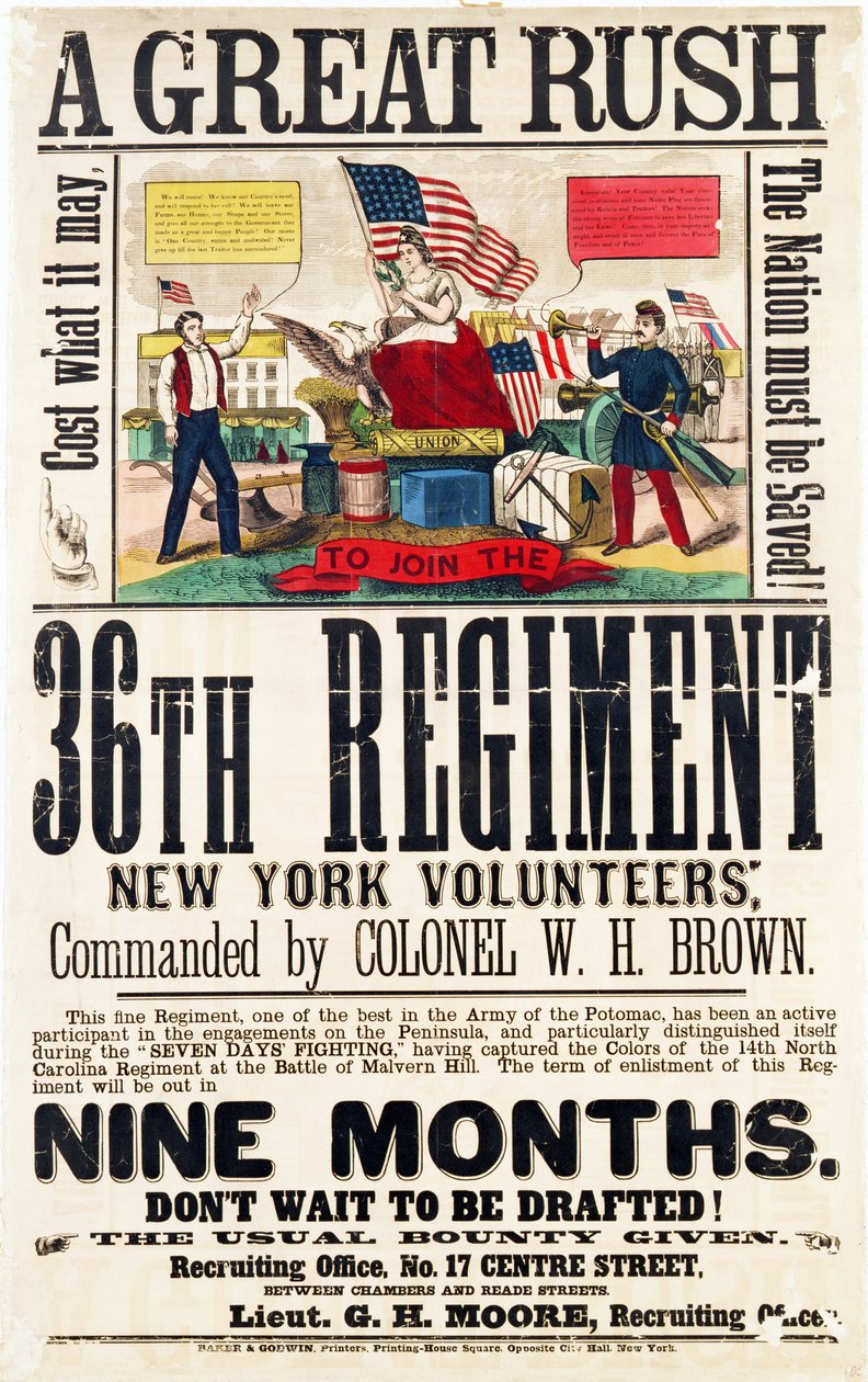 Ein großer Ansturm, Rekrutierungsplakat für das 36. Regiment, veröffentlicht von Baker & Goodwin von American School