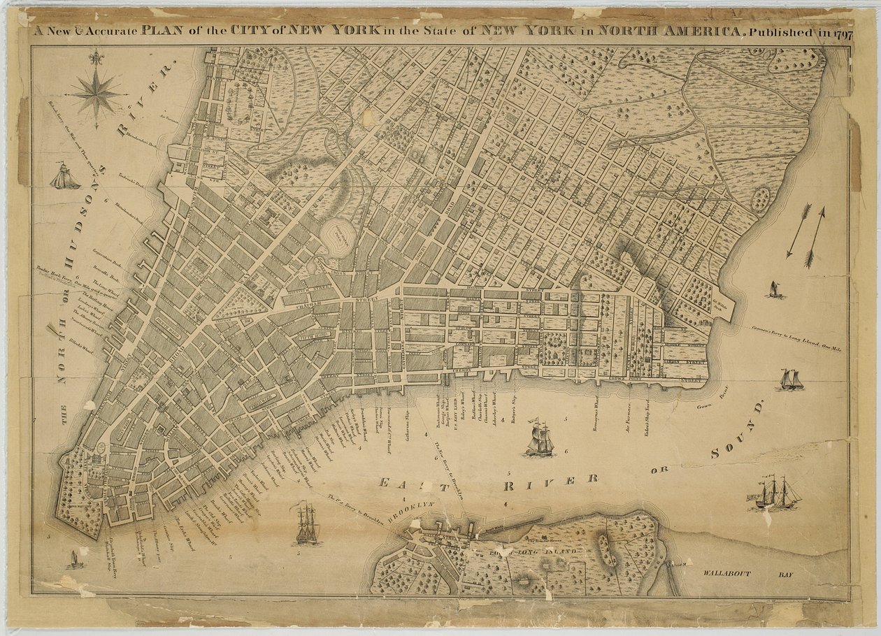 Ein neuer und genauer Plan der Stadt New York im Staat New York in Nordamerika, veröffentlicht 1797, 1797 (schwarze und farbige Tinte auf Papier, mit Stoff hinterlegt) von American School