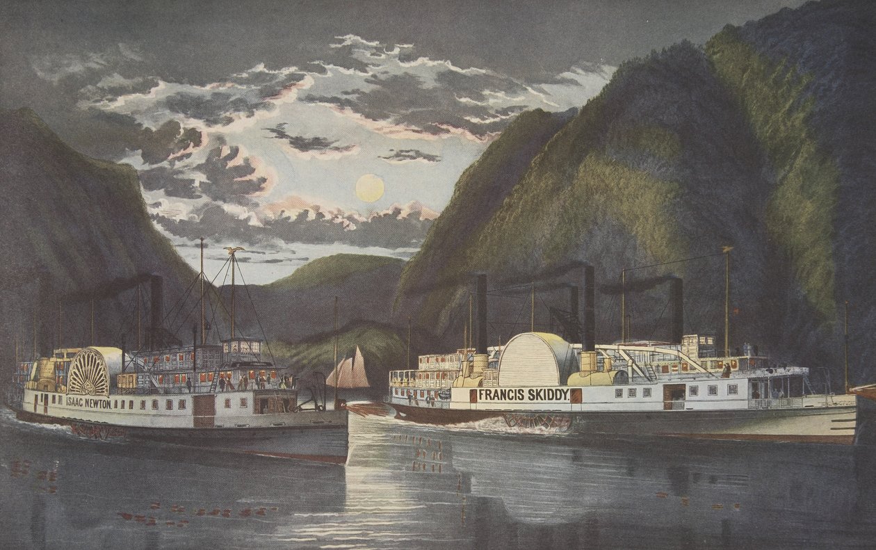 Eine Nacht auf dem Hudson - Durch bei Tagesanbruch, veröffentlicht 1864, Currier & Ives von American School