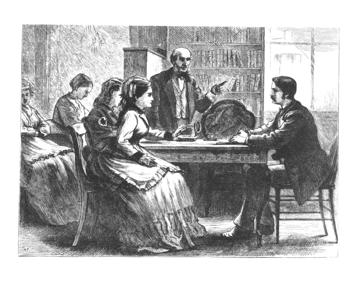 Eine Frau verhandelt mit einem Fabrikmanager, unterstützt von einem Berater aus Susan B. Anthonys neuer Working Womens Protective Association, 1860er-70er Jahre von American School