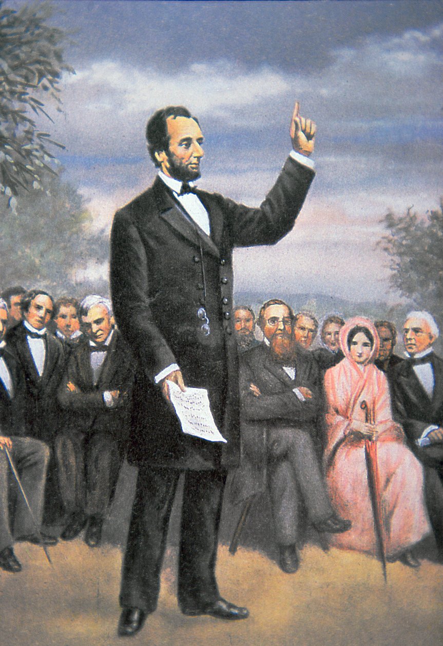 Abraham Lincoln (1809-65) hält die Gettysburg-Rede in Gettysburg, Pennsylvania, November 1863 von American School