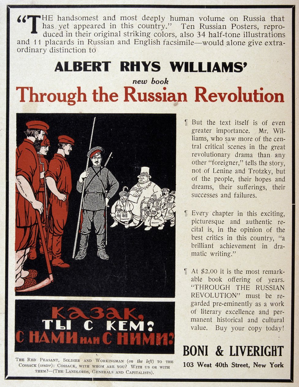 Werbung für den Verkauf des Buches „Die Russische Revolution“ von Albert Rhys Williams in einer amerikanischen Zeitschrift von American School