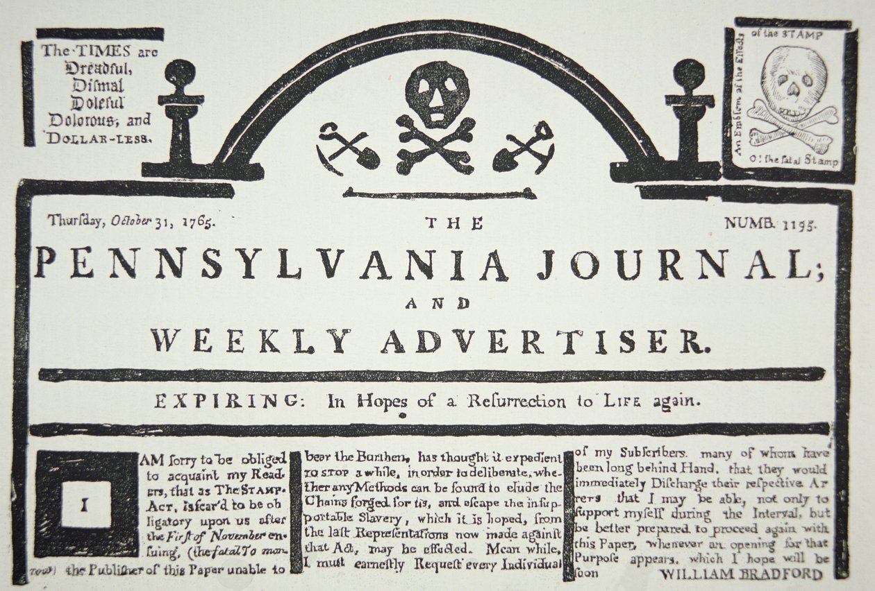 Eine amerikanische Antwort auf das von den Briten auferlegte Stempelgesetz, veröffentlicht in The Pennsylvania Journal and Weekly Advertiser am 31. Oktober 1765 von American School