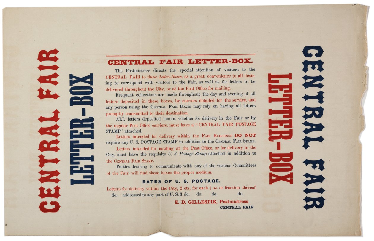 Ankündigung für die Central Fair Briefkästen, ca. 1864 von American School
