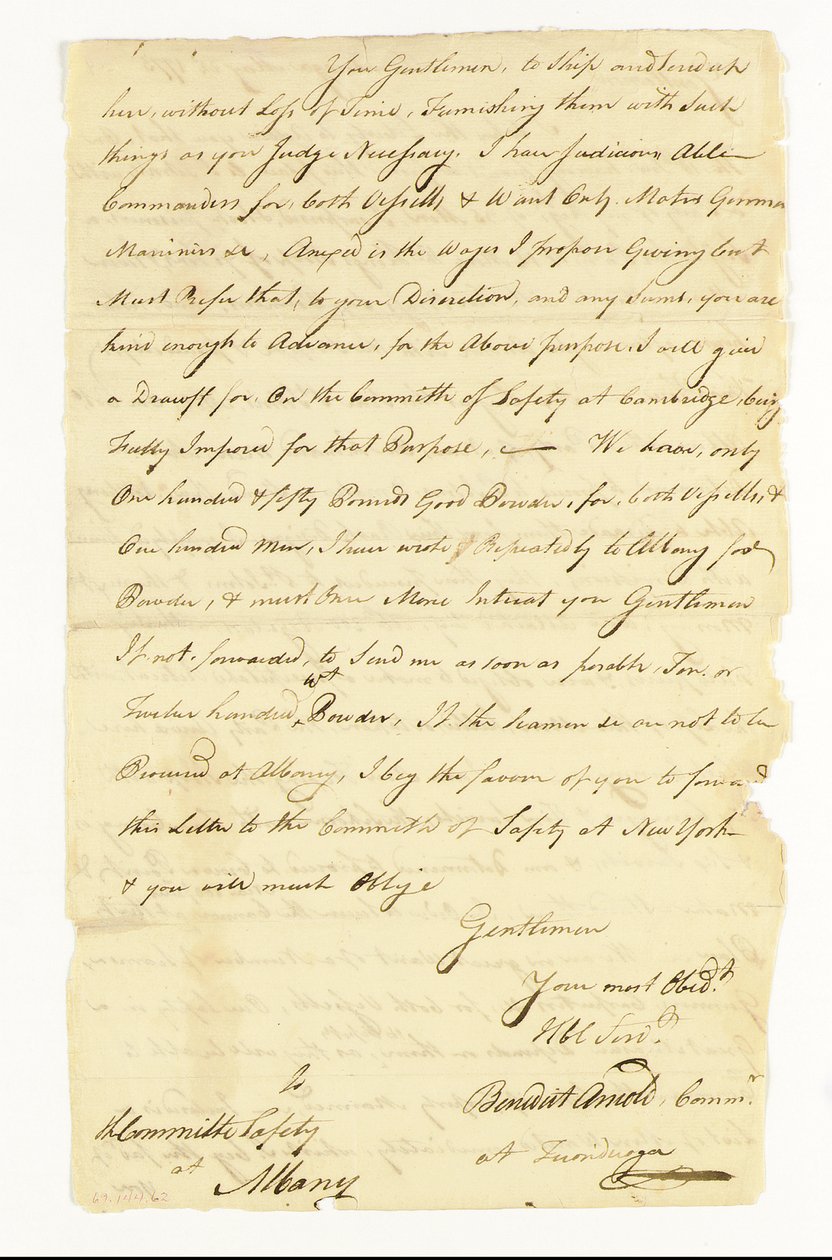 Arnold Benedict (1741-1801) General, Kontinentalarmee, Verräter. Autographenbrief unterzeichnet ("Benedict Arnold Commr. at Ticonderoga") an das Sicherheitskomitee in Albany, Ticonderoga, 22. Mai 1775 von American School
