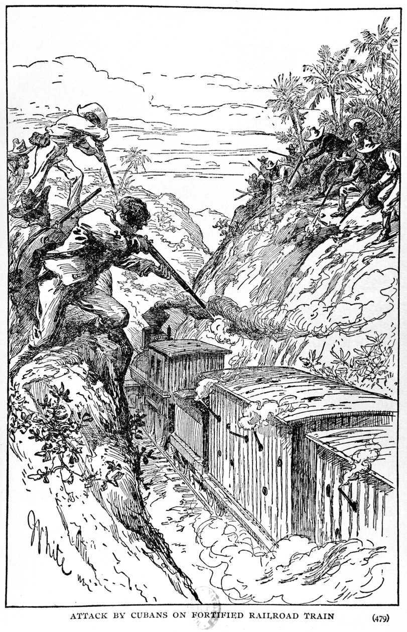 Angriff der Kubaner auf einen befestigten Eisenbahnzug, Illustration aus The Story of Cuba von Murat Halstead, veröffentlicht 1898 von American School