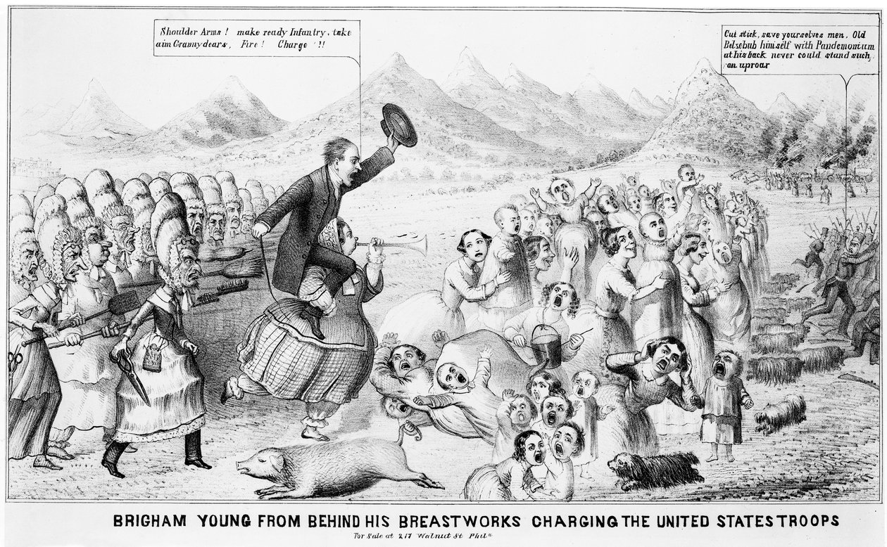 Brigham Young hinter seinen Brustwehren, die US-Truppen angreifend von American School