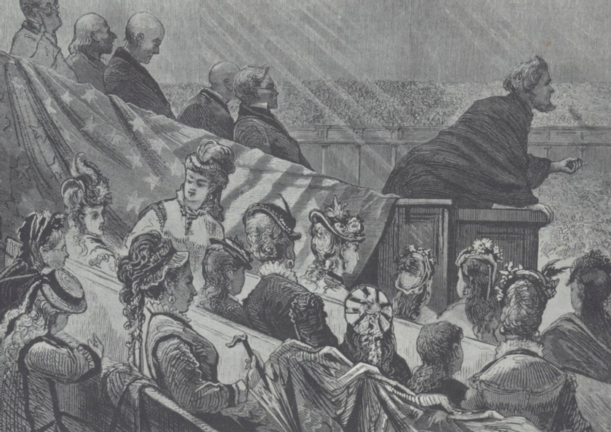 Brigham Young beobachtet von seinen vielen jungen Frauen beim Predigen im Großen Mormonentempel, Utah von American School