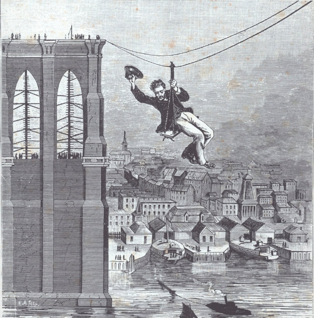 Brooklyn Bridge im Bau; Herr Farrington, Chefkonstrukteur, überquert als Erster die Spannweite zwischen den beiden Pylonen am 25. August 1876 (Gravur) von American School