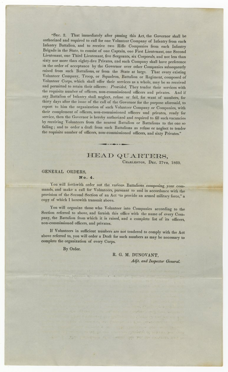 Aufruf für Freiwillige unter Generalbefehl Nr. 4, 27. Dezember 1860 von American School