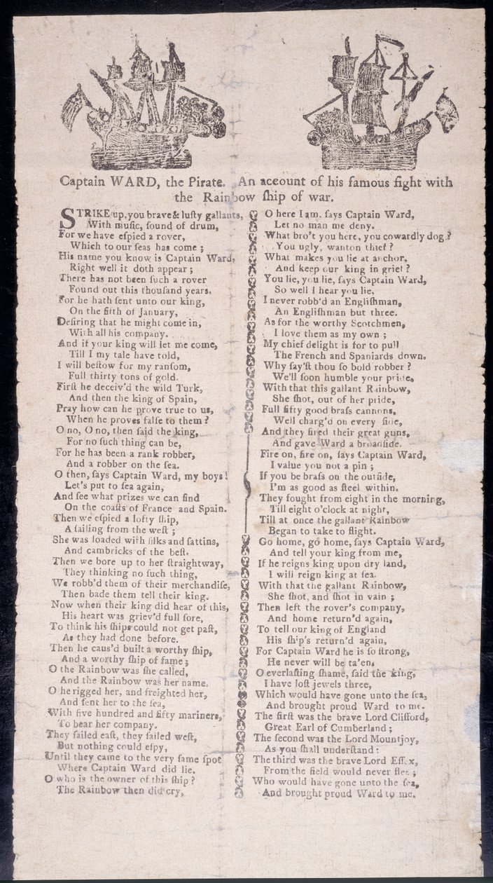 Kapitän Wards Kampf mit dem Kriegsschiff Rainbow, Flugblatt gedruckt 1775 von American School