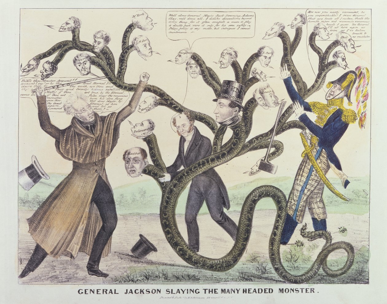 Karikatur von General Jackson (1767-1845), der das vielköpfige Monster tötet, veröffentlicht von H.R. Robinson, ca. 1836 von American School