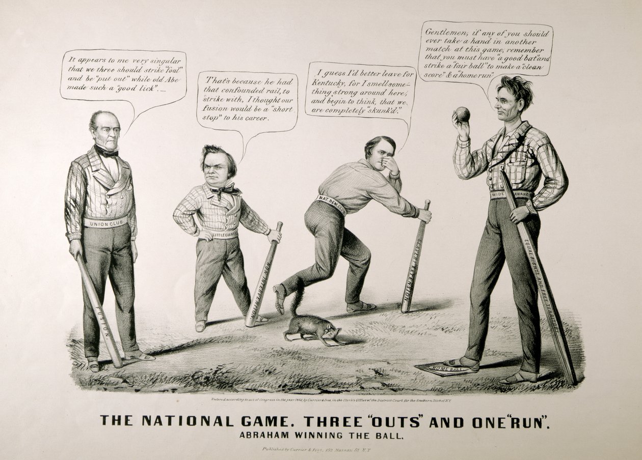 Karikatur, die Abraham Lincoln (1809-65) zeigt, wie er den Ball gegen seine Gegner Douglas, Bell und Breckenridge bei der Präsidentschaftswahl von 1860 gewinnt von American School