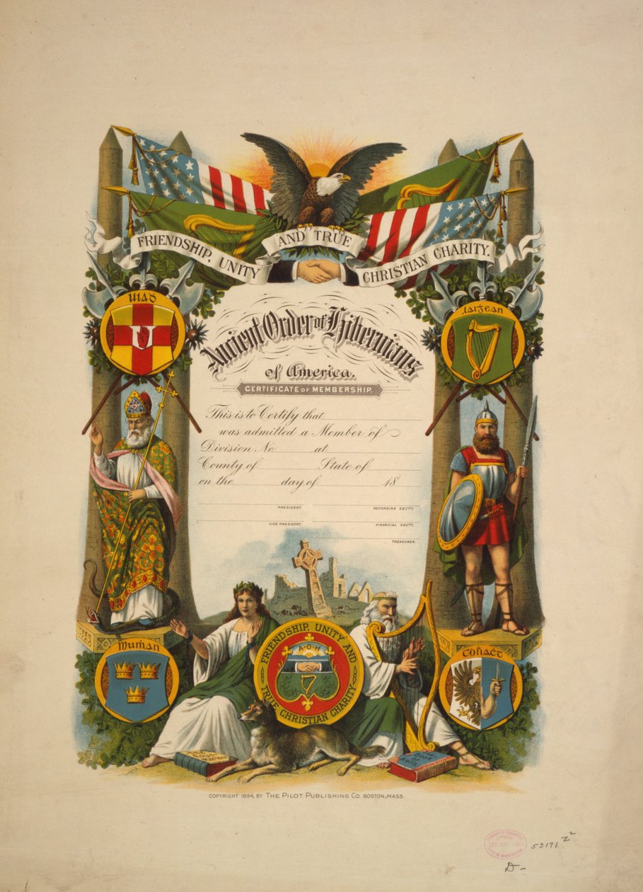 Mitgliedschaftszertifikat im Ancient Order of Hibernians of America, ca. 1894 von American School