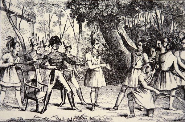 Häuptling Tecumseh (1768-1813) trotzt General Harrison (1773-1841) (Gravur) von American School