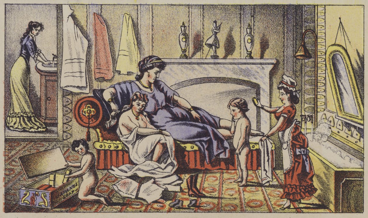 Klassische Figuren im modernen Zuhause, Werbung für Seife von American School