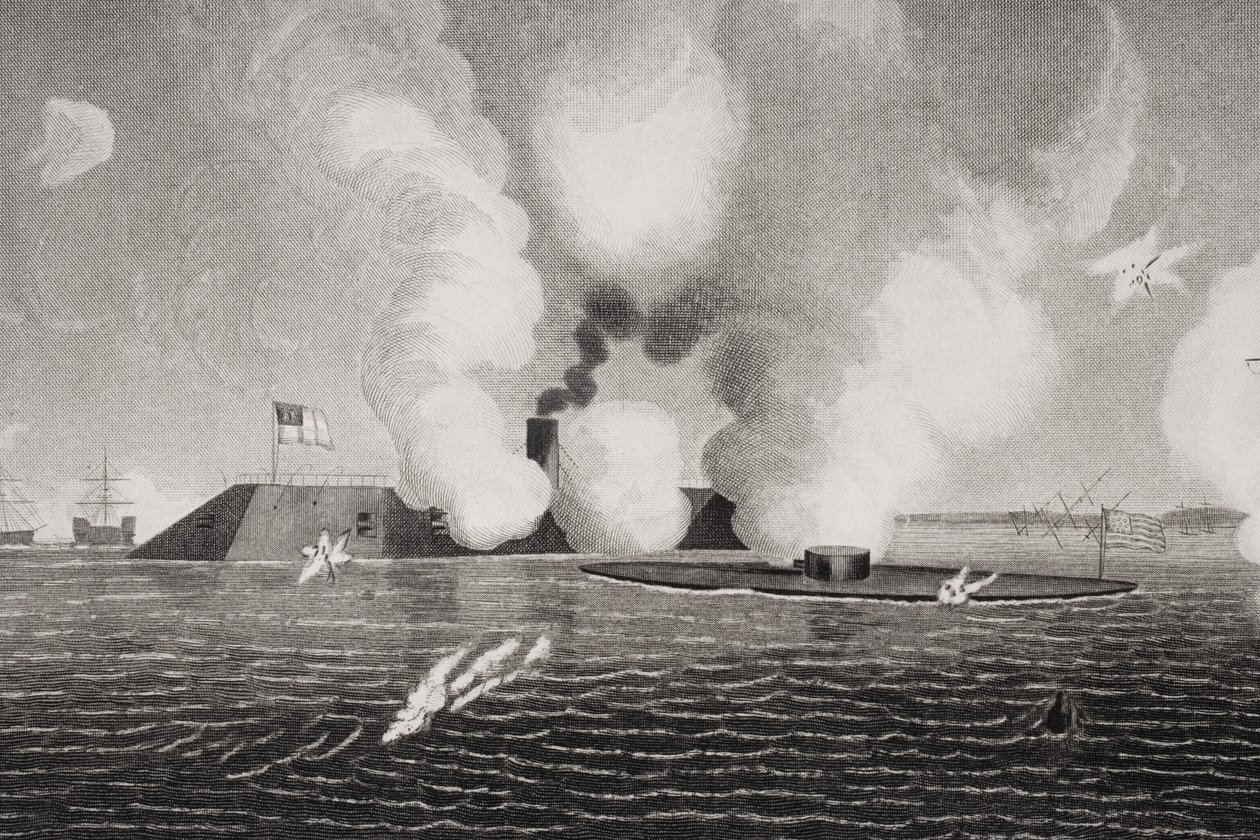 Kampf zwischen der konföderierten CSS Virginia (links) und der Union USS Monitor (rechts) am 9. März 1862 in Hampton Roads, Virginia (Detail) von American School