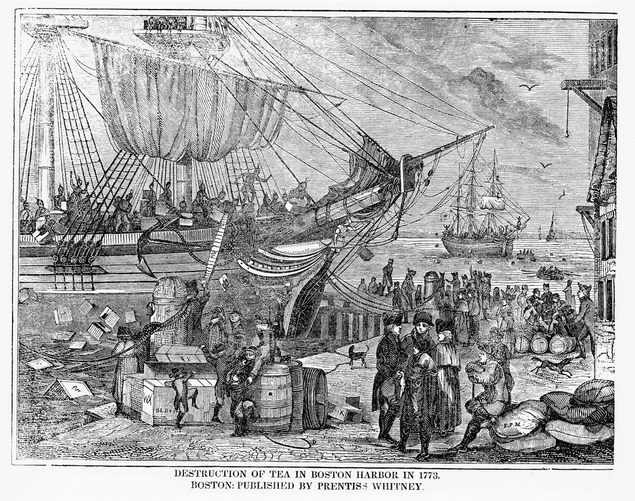 Zerstörung des Tees im Hafen von Boston 1773 von American School