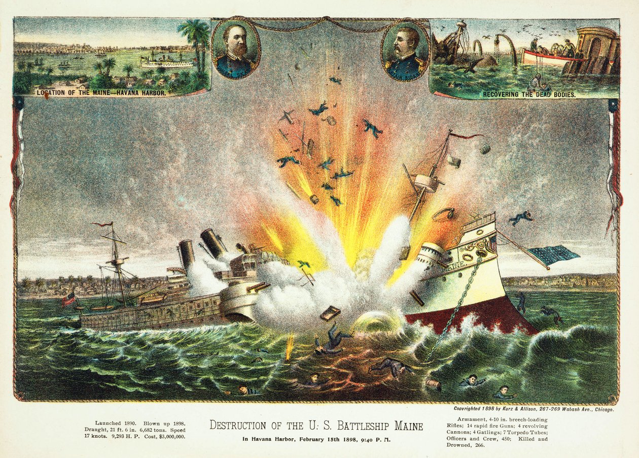 Zerstörung des US-Kriegsschiffs Maine im Hafen von Havanna am 15. Februar 1898, veröffentlicht 1898 von American School