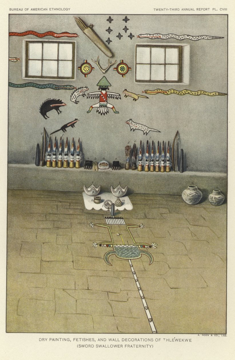 Trockengemälde, Fetische und Wanddekorationen von Thlewekwe (Schwertschlucker-Bruderschaft) von American School