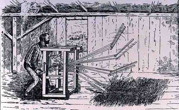 Frühe Versuche mit Dreschmaschinen, Illustration aus The Growth of Industrial Art, 1892, aus The Pageant of America, Bd.3, von Ralph Henry Gabriel, 1926 von American School