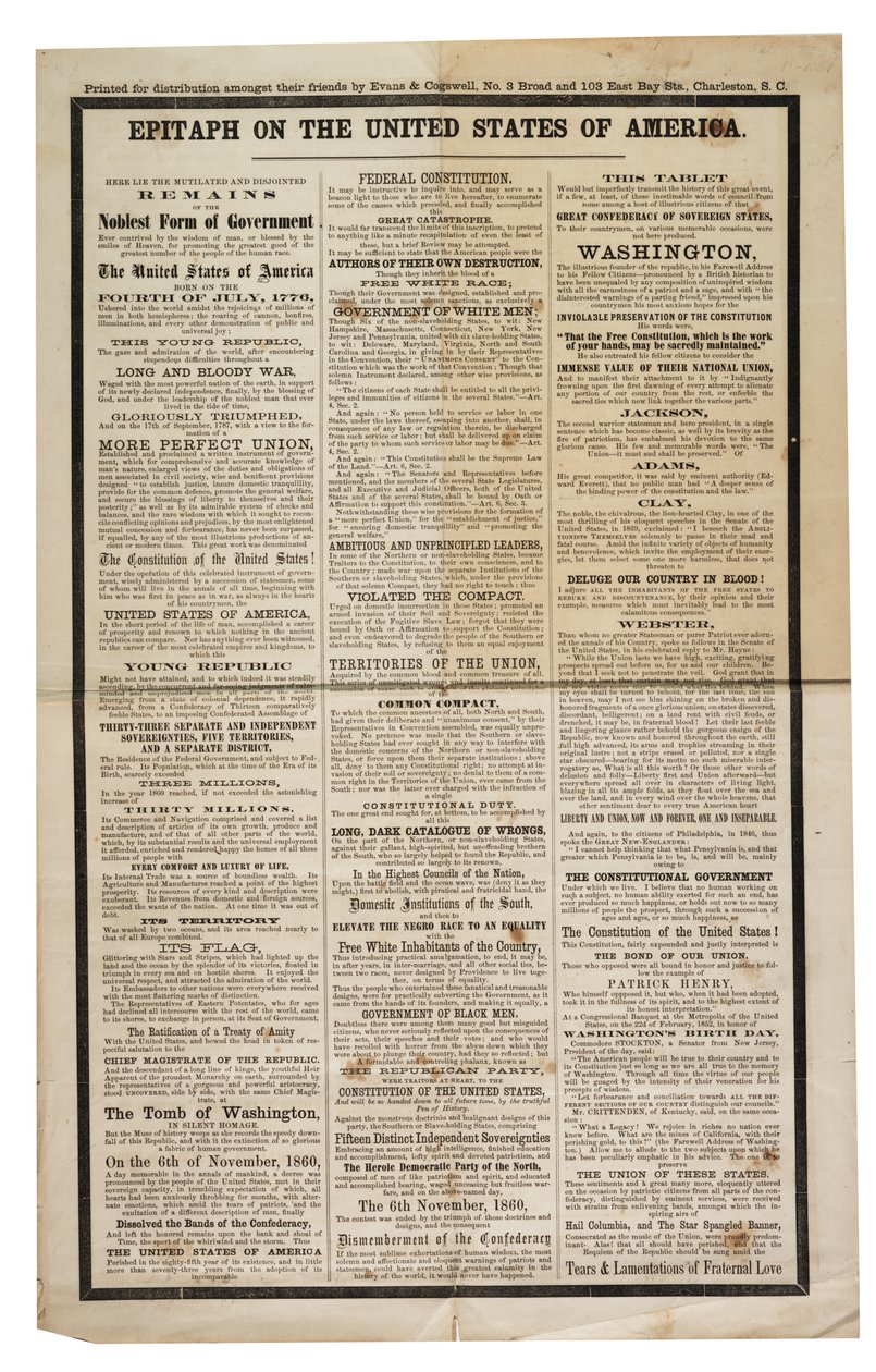Epitaph auf die Vereinigten Staaten von Amerika, ca. 1861 von American School