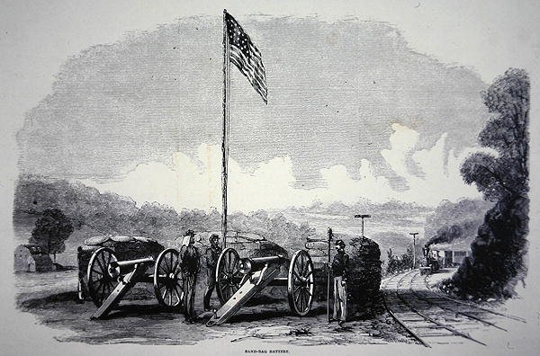 Bundes-Sandsackbatterie zum Schutz der Eisenbahn während des amerikanischen Bürgerkriegs (1861-65) von American School