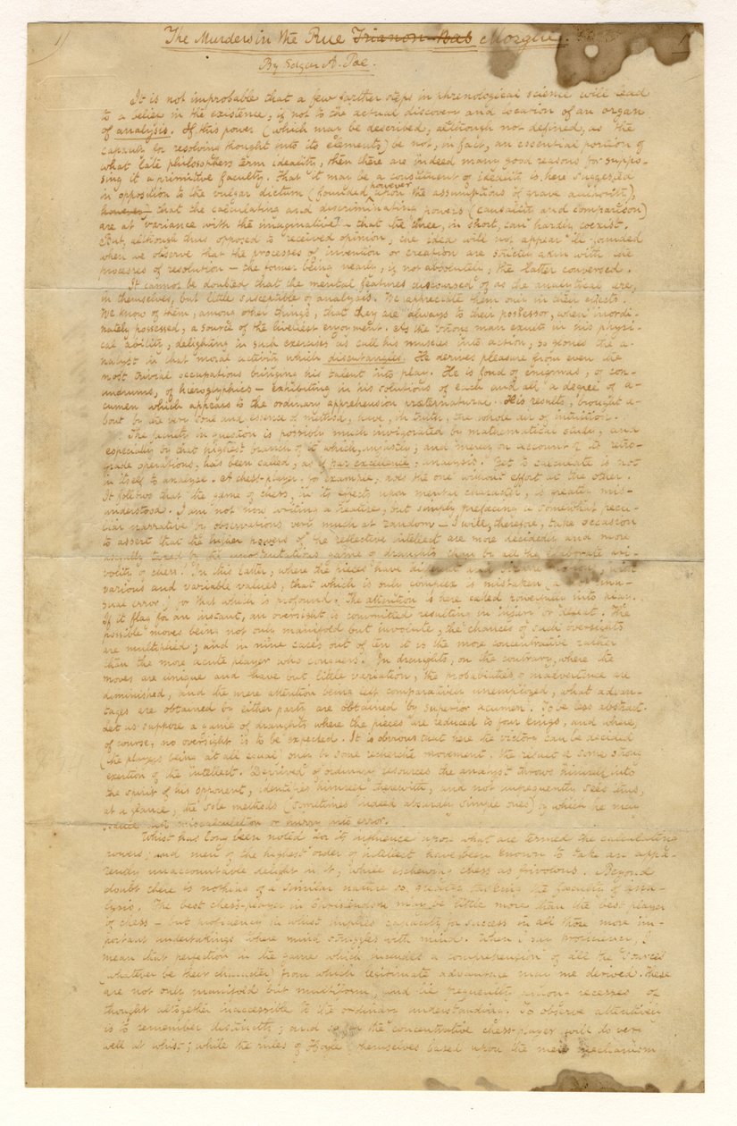 Erste Seite von Die Morde in der Rue Morgue von Edgar Allan Poe, 1841 von American School