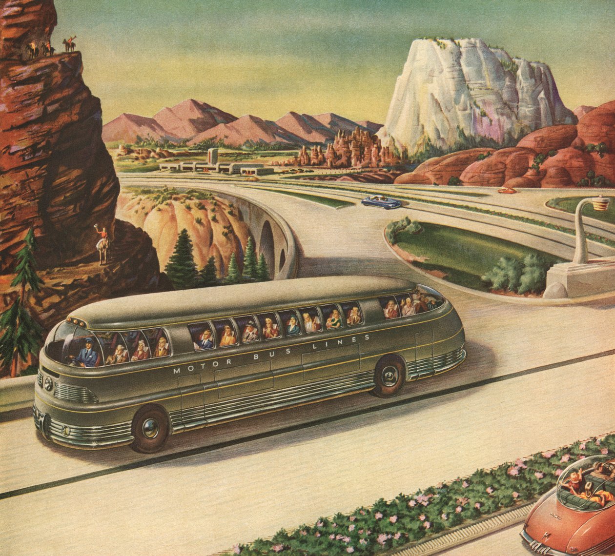 Futuristischer Reisebus auf einer Autobahn im Südwesten der USA von American School