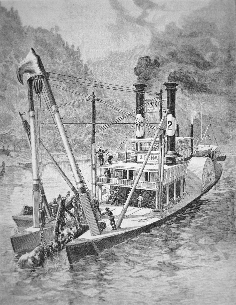 Regierungsschiff entfernt Baumstämme oder Hindernisse aus dem Mississippi, um 1870 von American School