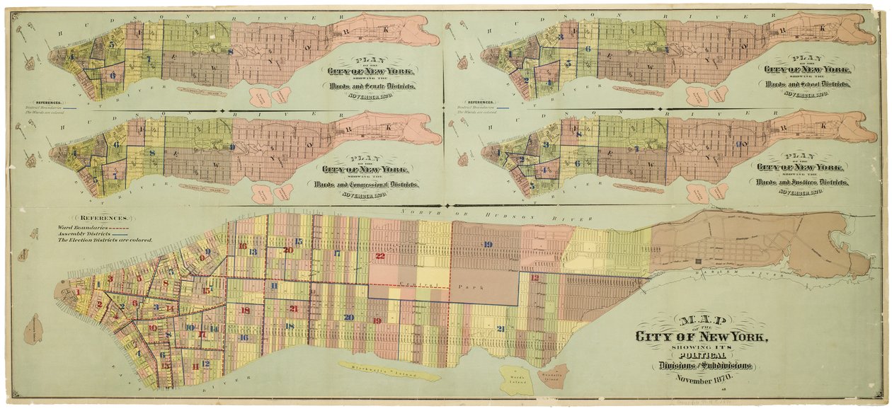 Stadtplan von New York, der seine politischen Unterteilungen zeigt von American School