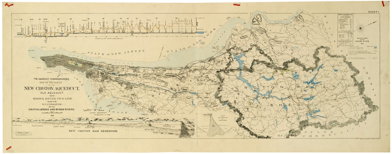 Karte des neuen Croton-Aquädukts, des alten Aquädukts und der Bronx River-Pipeline sowie der Einzugsgebiete von Croton und Bronx von American School