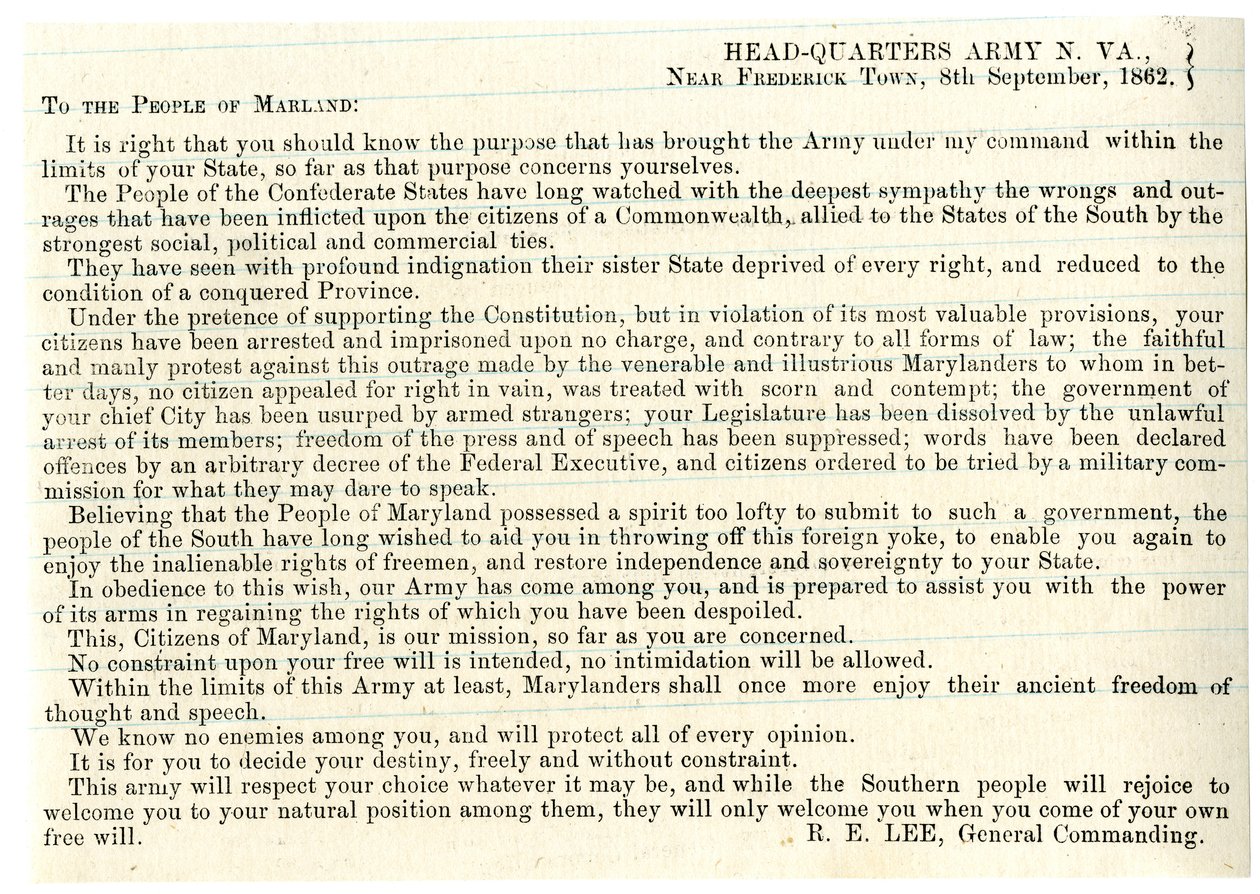 Botschaft an die Menschen von Maryland zur Unterstützung der Konföderation, 8. September 1862 von American School