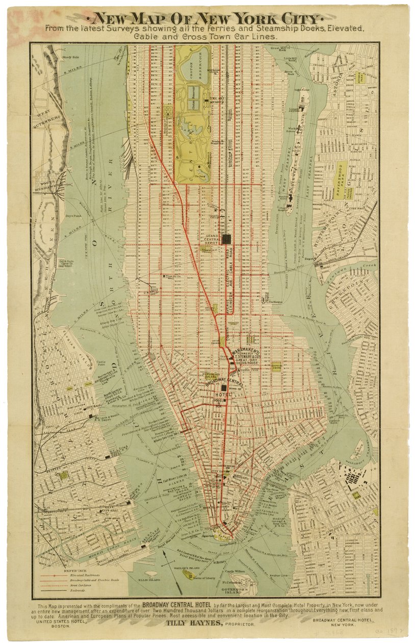 Neue Karte von New York City aus den neuesten Erhebungen, die alle Fähren und Dampfschiffdocks, Hochbahnen, U-Bahnen und Querstraßenbahnlinien zeigt. von American School
