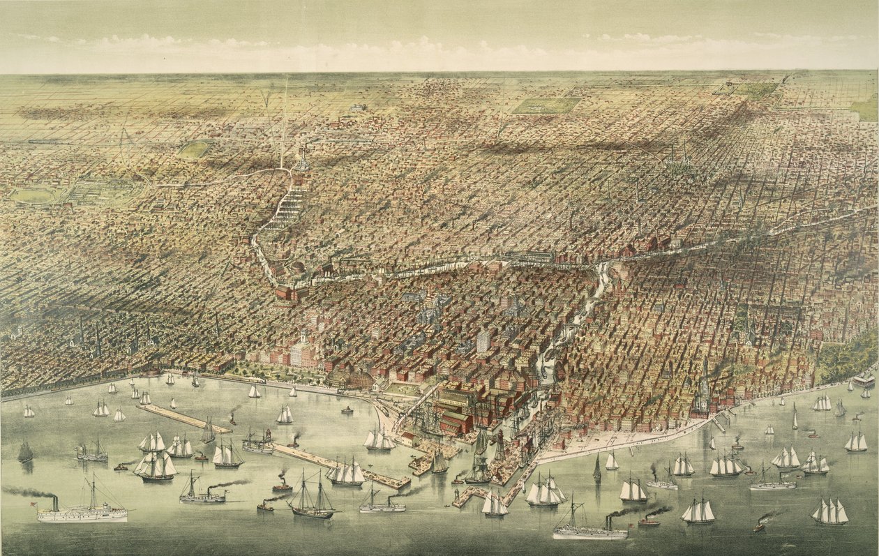Panoramablick auf die Stadt Chicago, veröffentlicht 1892 von American School