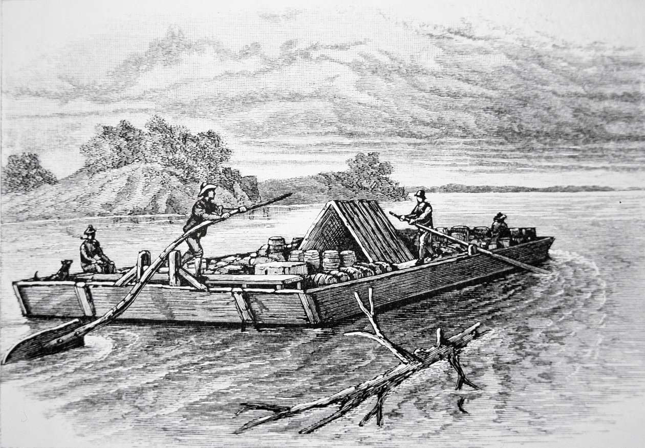 Pionierflachboot auf dem Mississippi, ca. 1840 (Gravur) von American School