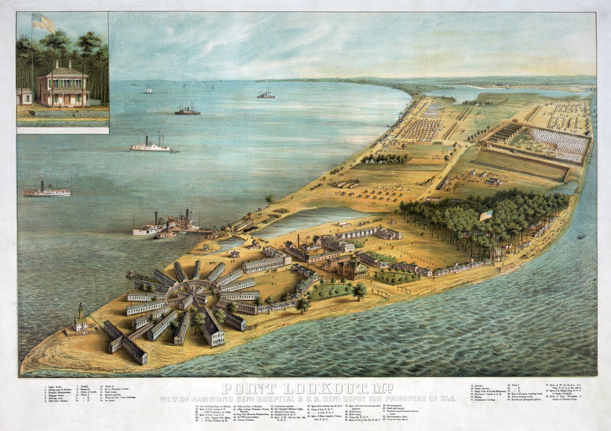 Point Lookout, MD - Ansicht des Hammond General Hospital und des US-Generaldepots für Kriegsgefangene, veröffentlicht 1864 von American School