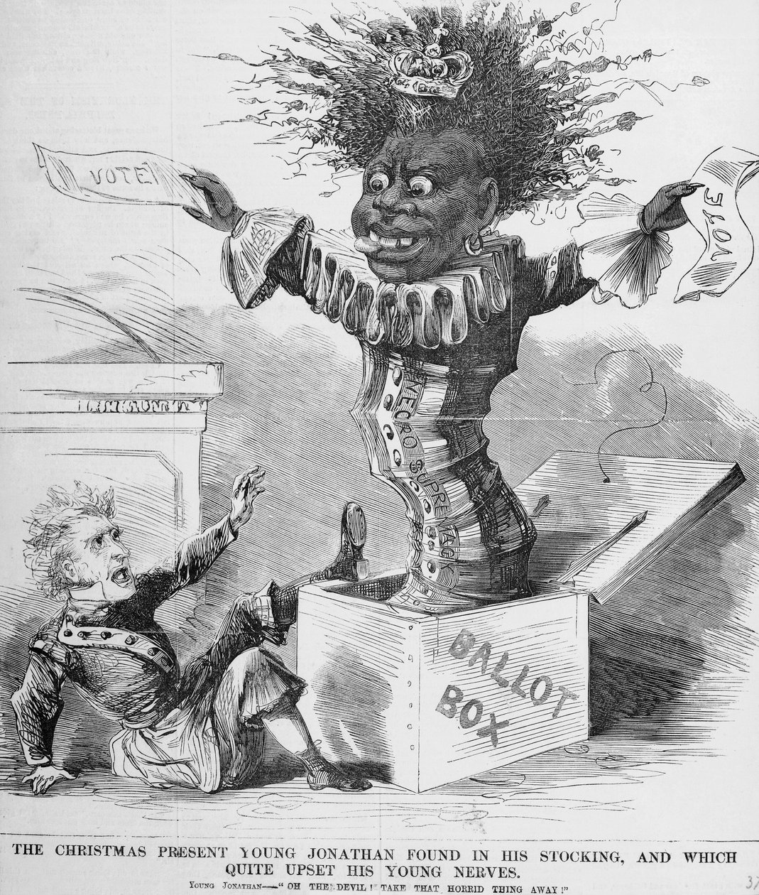 Politischer Cartoon, der Präsident Andrew Jackson zeigt, wie er sich vor der Aussicht auf das schwarze Wahlrecht in Amerika fürchtet von American School
