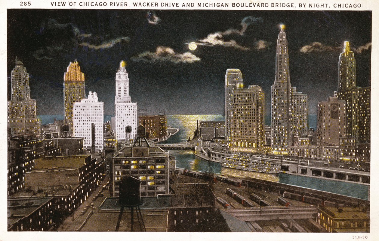 Postkarte von Chicago bei Nacht von American School