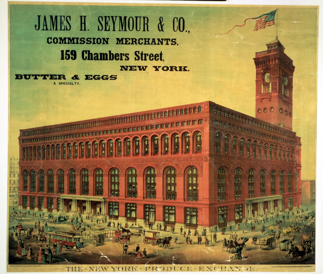 Plakat, das James H. Seymour & Co. Kommissionshändler an der New York Produce Exchange bewirbt, graviert von Sacket, Wilhelms und Betzig, ca. 1885 von American School